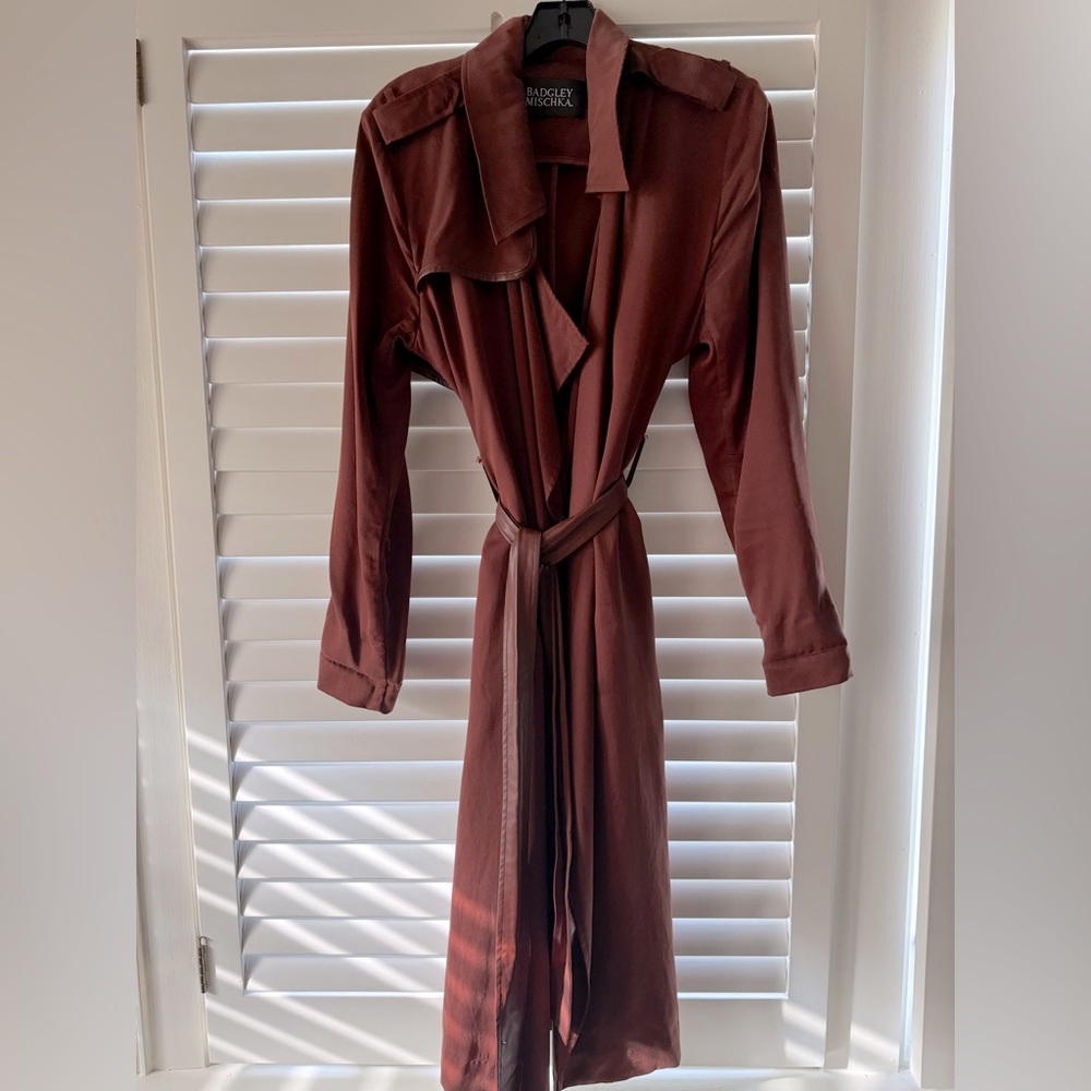 Badgley Mischka rust colored duster trench jacket with vegan leather trim/belt